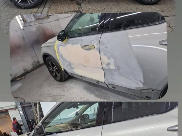 Silver hatchback side panel during filler work and after finishing
