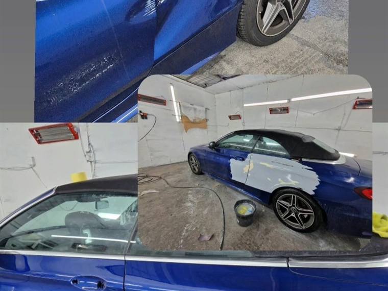Blue convertible with door damage, and the same car after repair