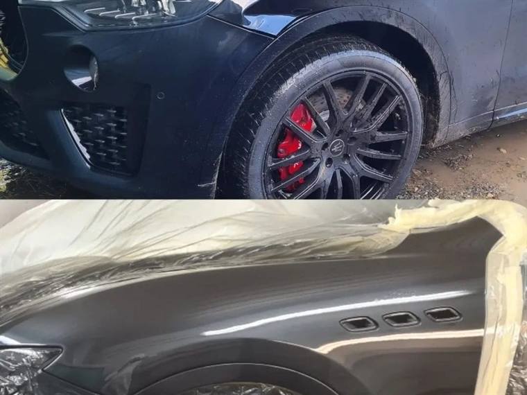 Front bumper and wing masked and prepped alongside the wheel