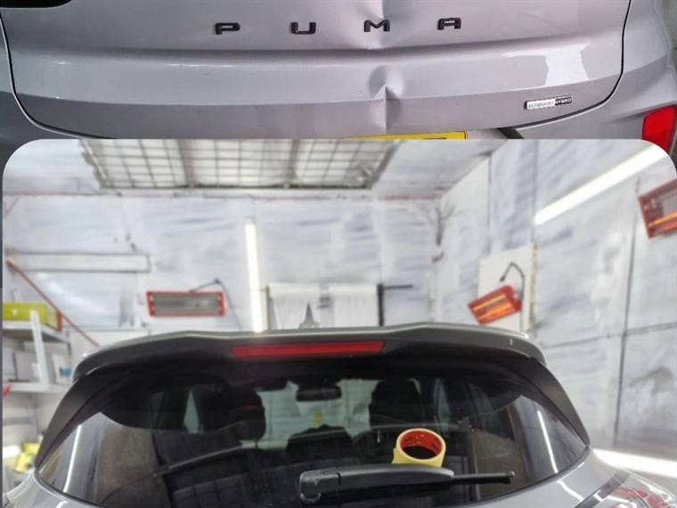 Ford Puma tailgate with a dent, and the same car in the spray booth